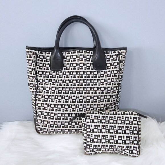 Bally "B" logo tote + pouch set canvas leather EUC - Picture 1 of 11